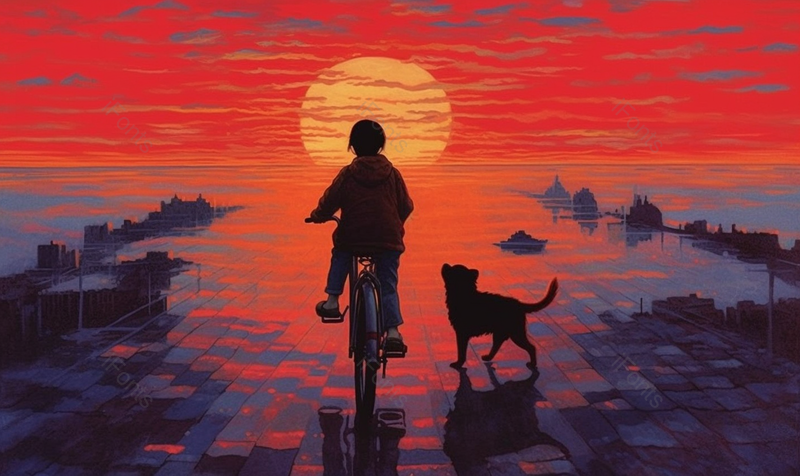 傍晚海边骑自行车的男孩手绘插画背景图,插画/手绘图,插画/手绘图库,插画/手绘图下载,插画/手绘